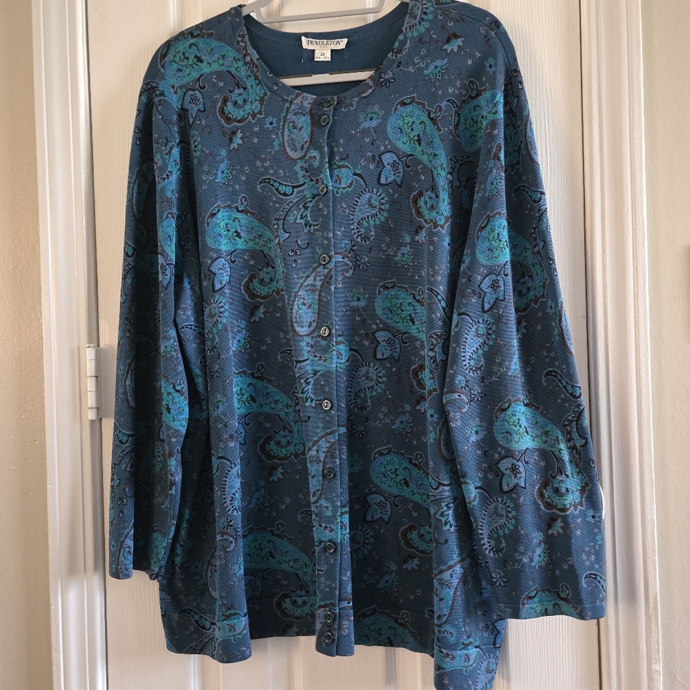 PENDLETON Blue Paisley Cotton Rayon Cardigan 3X
